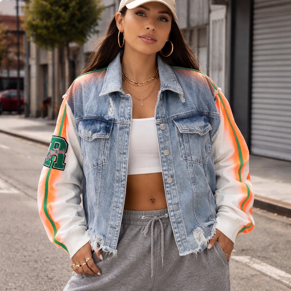Redesign Streetwear Distressed Mixed Media Denim Jacket Size L